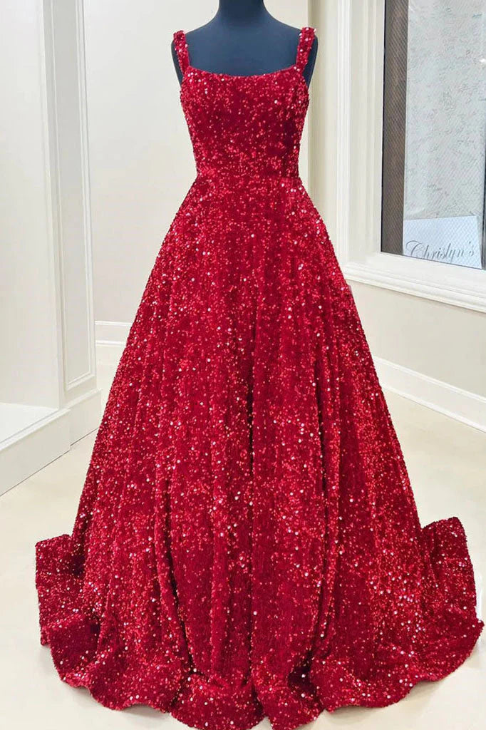 Wholesale A line Red Square Neck Sequin Long Prom Dresses Formal Evening Dresses